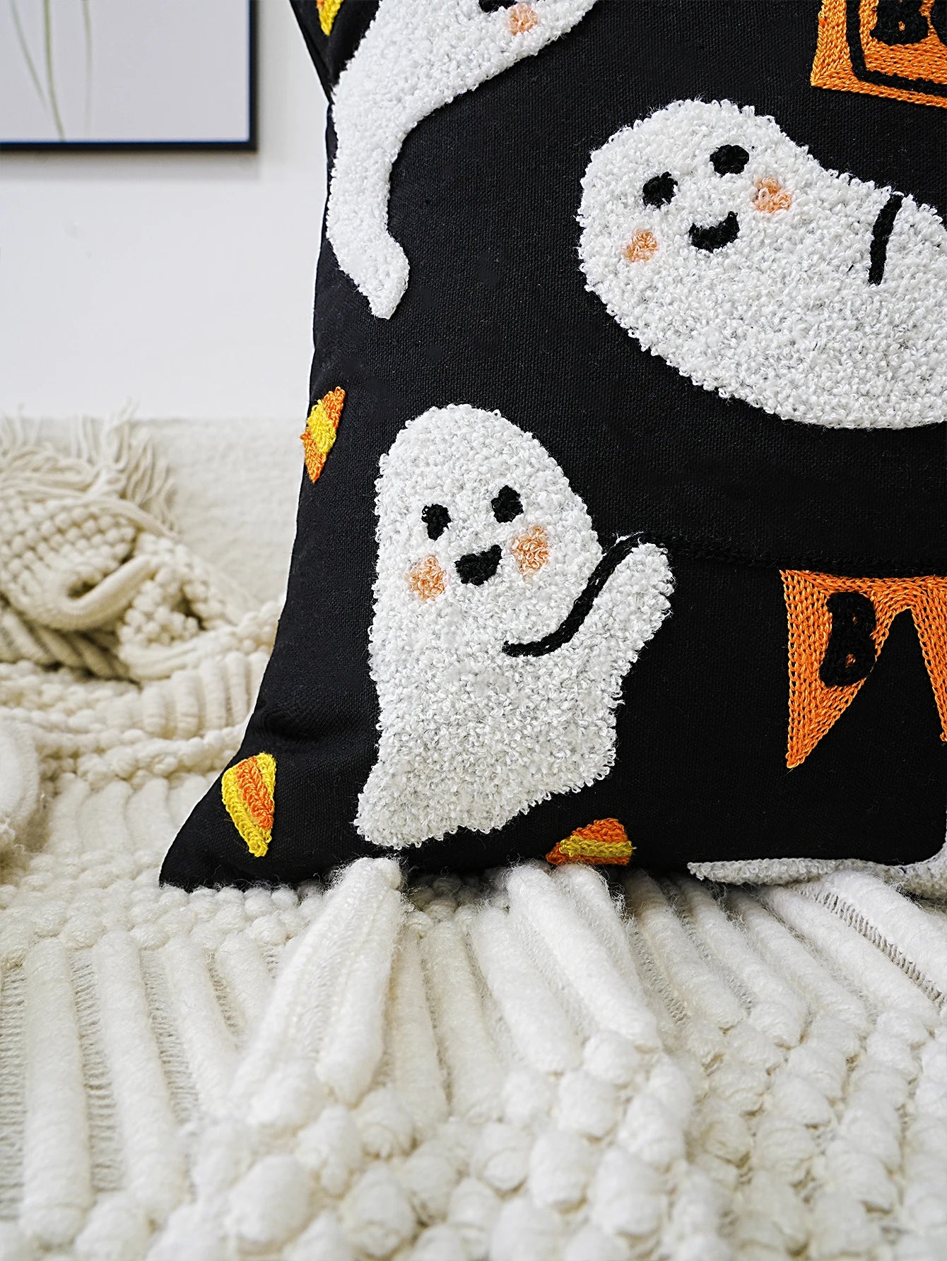 1pc Halloween Exquisite Embroidery Ghost Pattern Cushion Pillow Case, Multi-Room Universal, Does Not Include Pillow Core